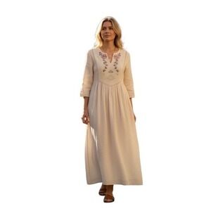 Vintage Dela-Ann Prairie Style Women's Floral Embroidery Lace TrimCream Dress